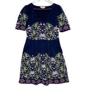 Boden 8 Puff Shoulder Jersey Dress Knit Tropical Palm Bird Print Navy Floral